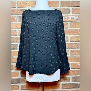 Ann Taylor Black Floral Dot Textured Long-Sleeve Blouse